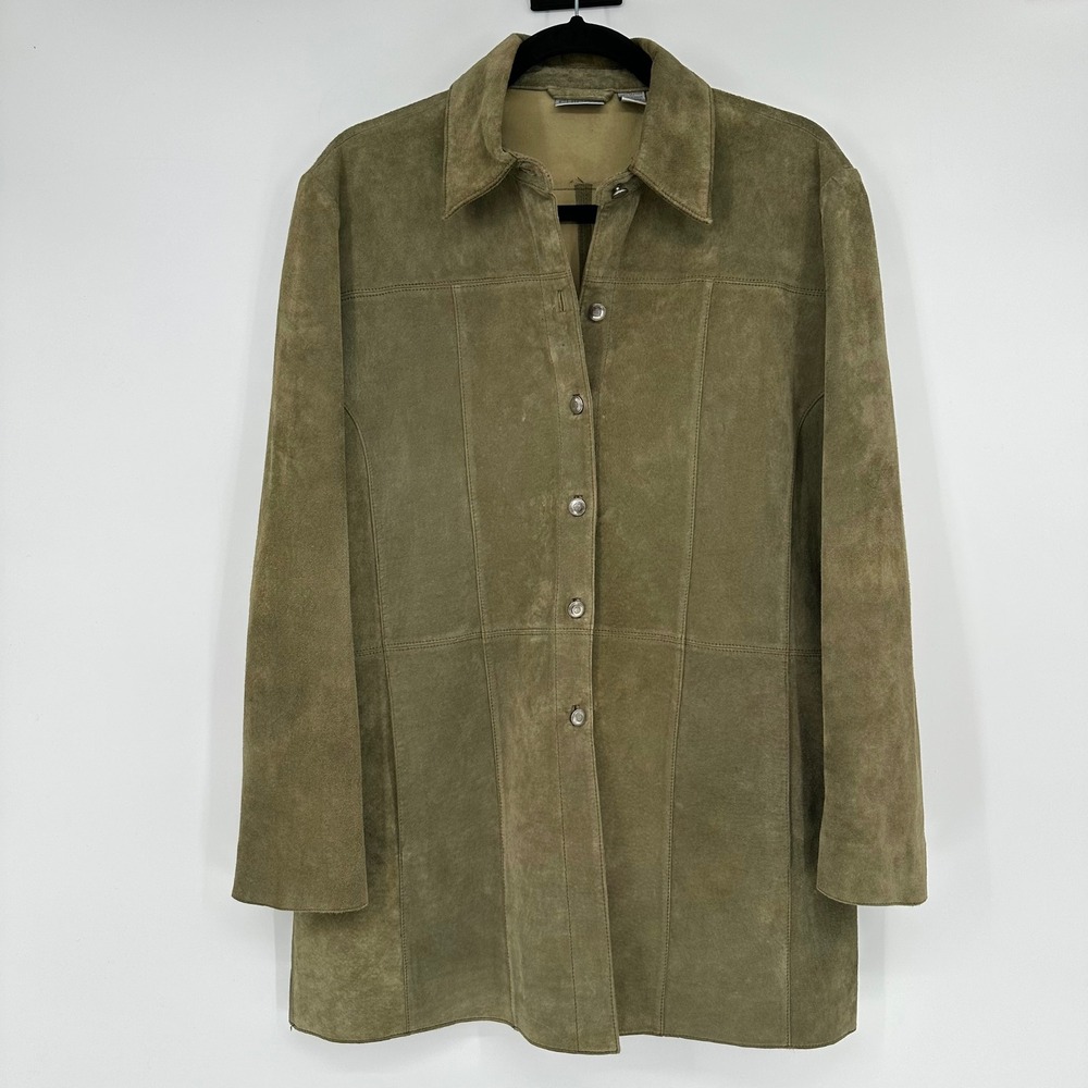 Chico's 2 Olive Green Suede Leather Shacket Jacket Button Coat Boho Eclectic L